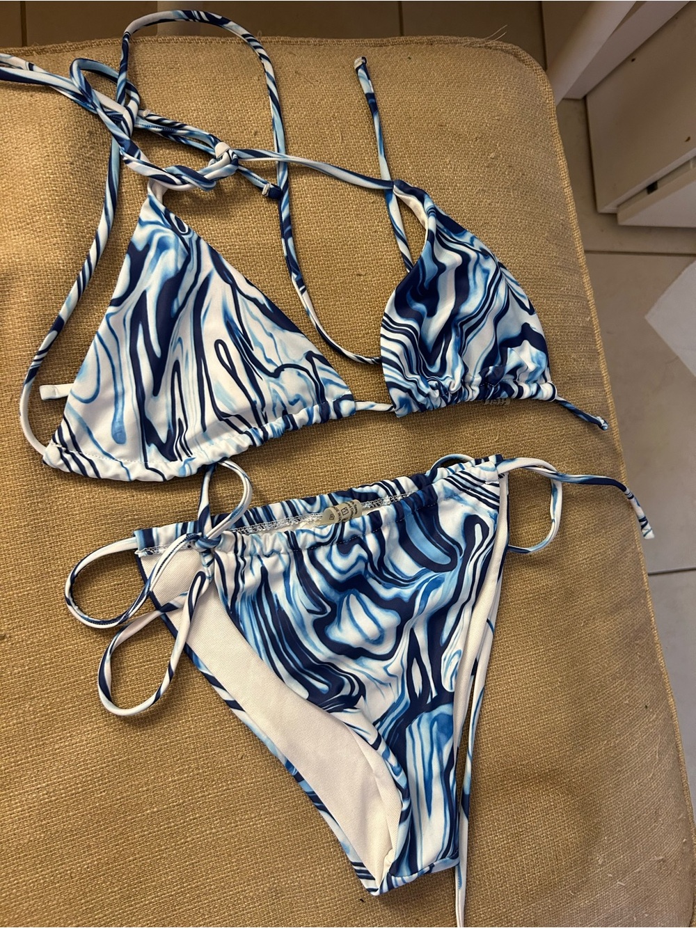 SHEIN Blue White Marble Print Triangle String Bikini